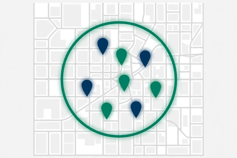 Google Maps circle with keyword pins